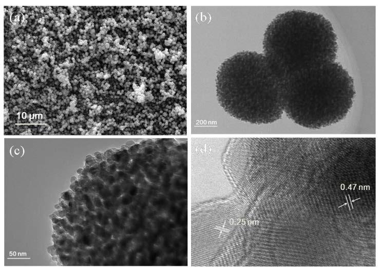Figure 1. XRD patterns the CuCo 2 O 4 microspheres. As shown in Figure 2a, the product is composed of microspheres with diameter of 0.5-0.7 μm.