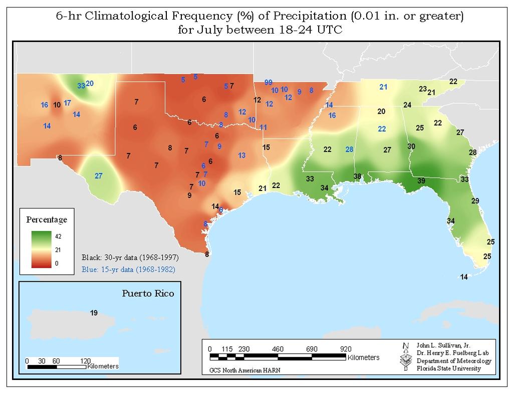 5 Fig. 3. Climatological rainfall frequencies for July for the 6-h period 18-24 UTC. Figures 3-5 show how precipitation frequencies vary depending on the time interval being considered.