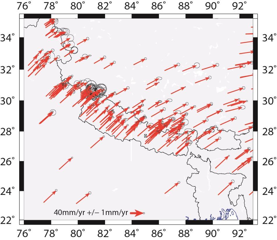 Figure 2: Velocity vectors aligned to IGb08 While we are only interested in a limited region surrounding Nepal, in order to avoid edge effects and incorporate as many stable India velocity