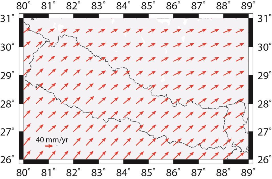 Figure 3: Velocity grid for Nepal and surrounding parts of India and China As long as the epoch date is later than the last major earthquake in the sequence, the deformation model need only contain a