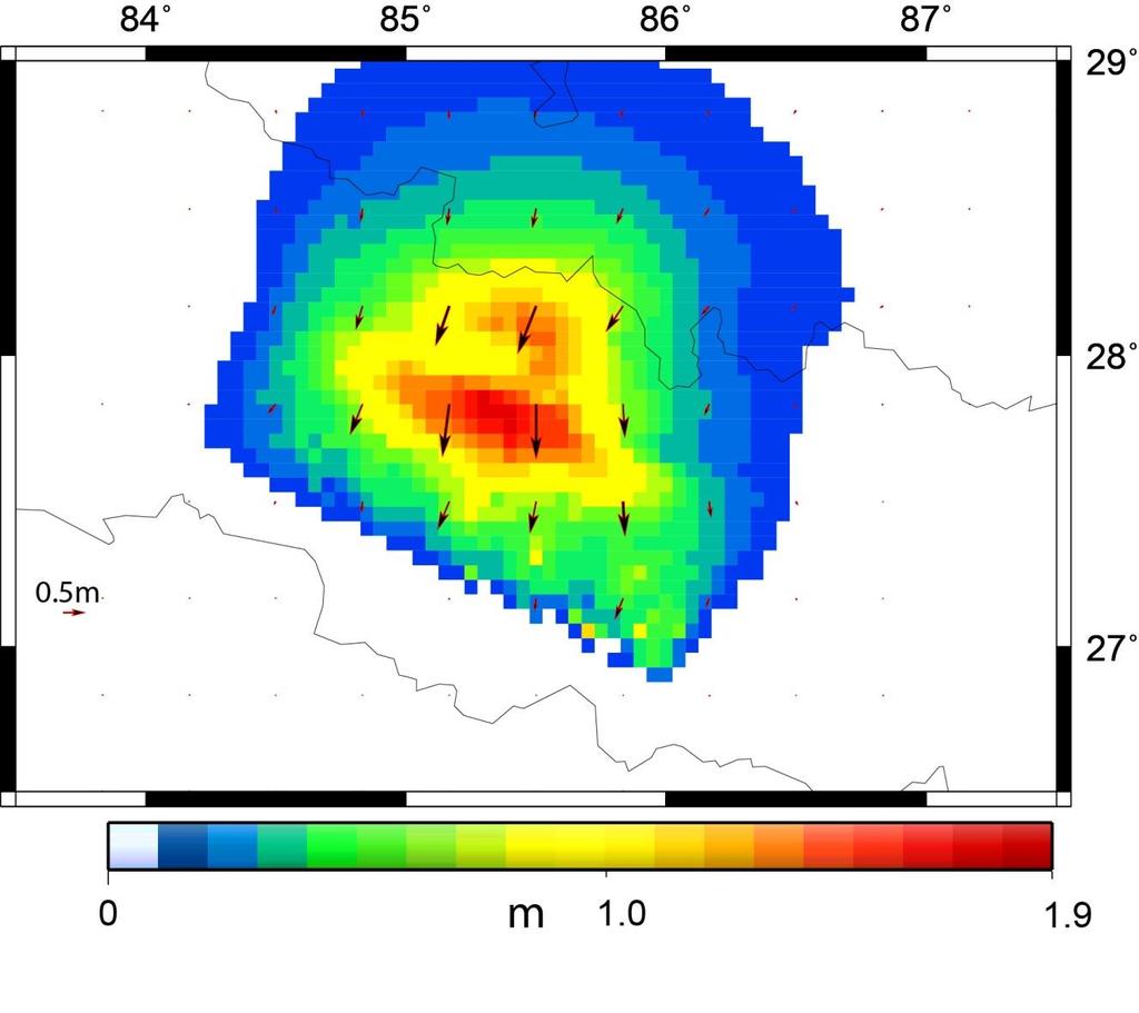 Figure 4: Predicted displacement associated with the 25 th April 2015 Mw7.8 Gorkha Earthquake inferred from the dislocation model from Galetzka et al. (2015). 4. CONTROL High order control for the proposed Nepal datum would be based on a CORS network with coordinates that are rigorously aligned to the ITRF.