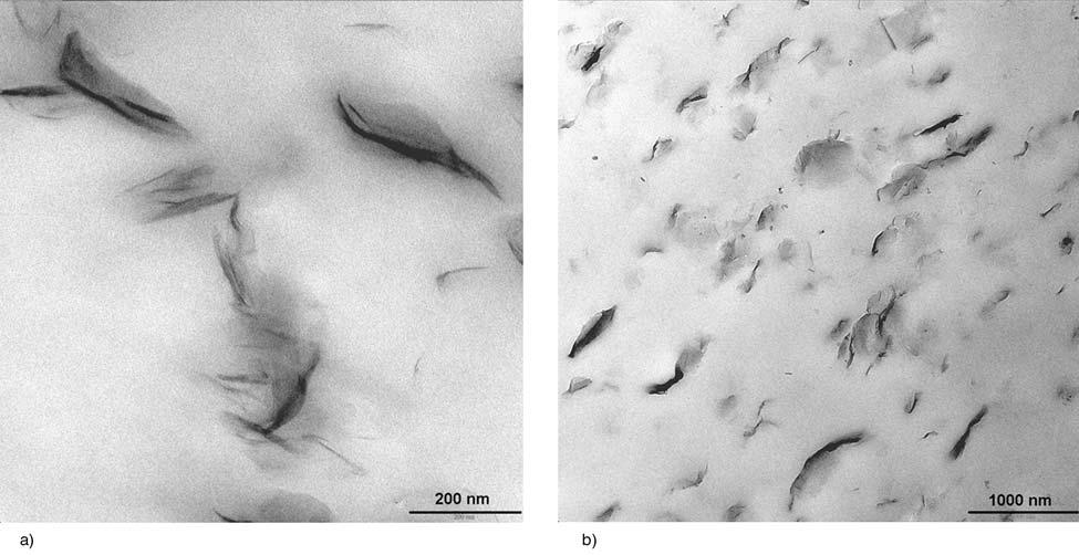 Figure 4. TEM images of (a) 1% clay and (b) 3% clay samples prepared in the presence of DBP interactions between the clay layers.