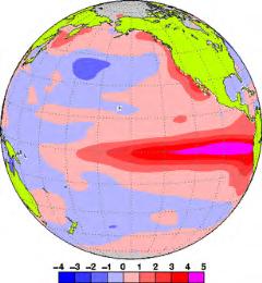 Figure A El Niño monitoring regions Figure B Left: monthly mean SST anomalies for El Niño (November 1997); right: for La Niña (December 1998) Red and blue shading represents positive and negative SST