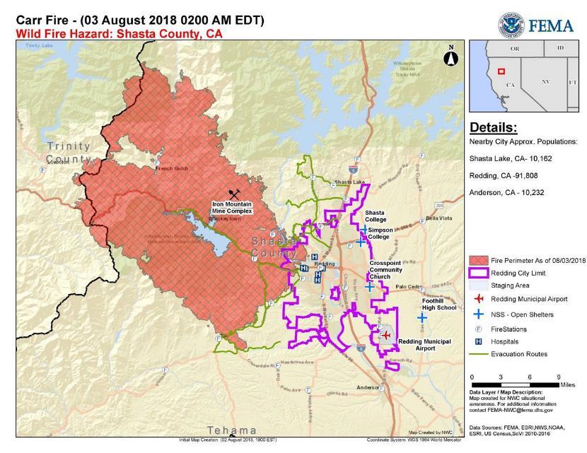 Carr Fire Shasta County, CA Current Situation: Acres burned: 127k (+5k) ; Containment: 37% (+2%) Impacts: Structures / Homes: o Threatened: 1,324 (-300) homes, 22 multiple residences, 12 commercial o