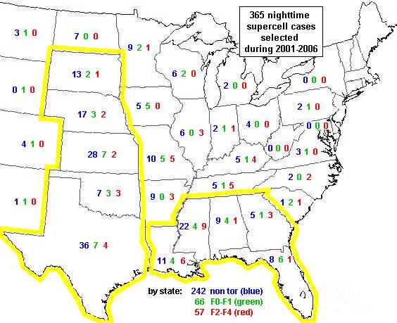 Figure 1. Map of eastern two thirds of the U.S. showing distribution of 365 nighttime supercells by state from the RUC database used in this study.