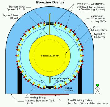 Borexino detector/status Borexino solar neutrino detector Measurement of the 7 Be neutrino line via neutrino-electron elastic scattering in 300 t liquid
