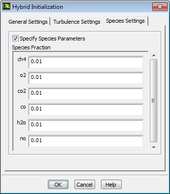 (a) Click More Settings... i. In the Species Settings tab enable Specify Species Parameters. ii. Enter 0.01 for all Species Fraction. iii.
