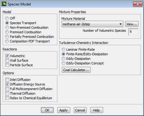 3. Define the species model. Models Species Edit... (a) Select Species Transport from the Model list to open Species Model dialog box.