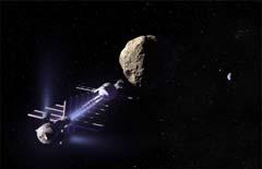 AVERTING A COLLISION A space tug can alter an asteroid's orbit by pushing in the direction of its orbital motion.