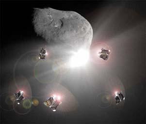 The space tug pushes the asteroid for three months, boosting its orbital velocity by one centimeter per second and slightly expanding its orbit.