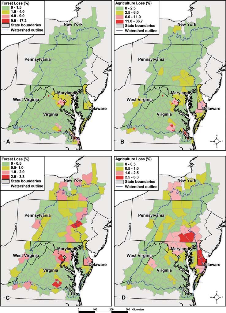 Urbanization and the Chesapeake Bay Watershed 821 Figure 8. The upper two maps shows the percentage of forest (A) or agriculture (B) lost between 1990 and 2000 in each county.