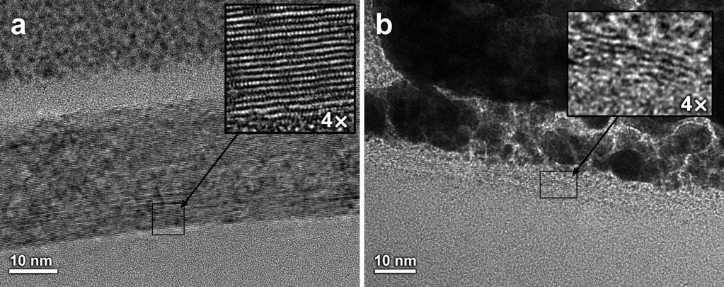 The thinner region in (e) was imaged at a lower voltage (80kV, thus the slightly reduced image quality) than that (300 kv) used in (d) to help prevent electron beam