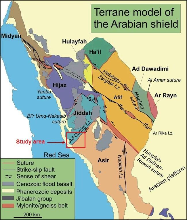 Figure 1. Geological map of Arabian shield showing the study area. 2.