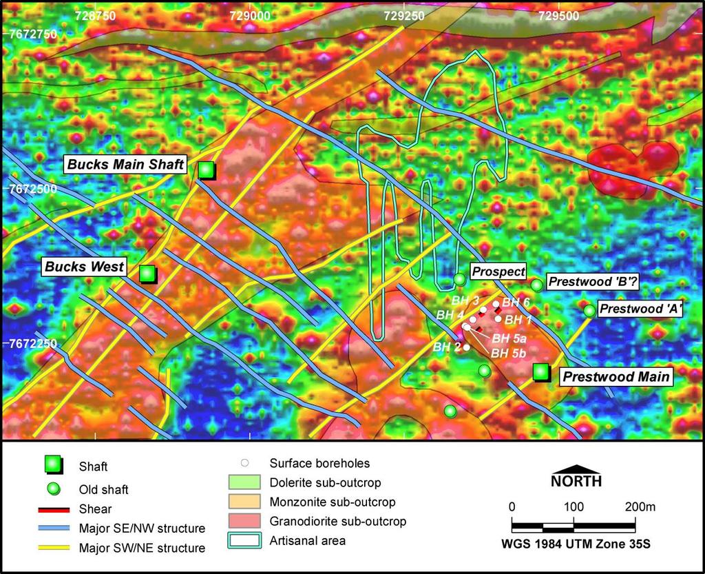 least 6 Level (195m vertical depth). BPC002 intersected shear hosted mineralisation, which is likely to have been affected by the SE-NW trending shear zone interpreted by geophysics.