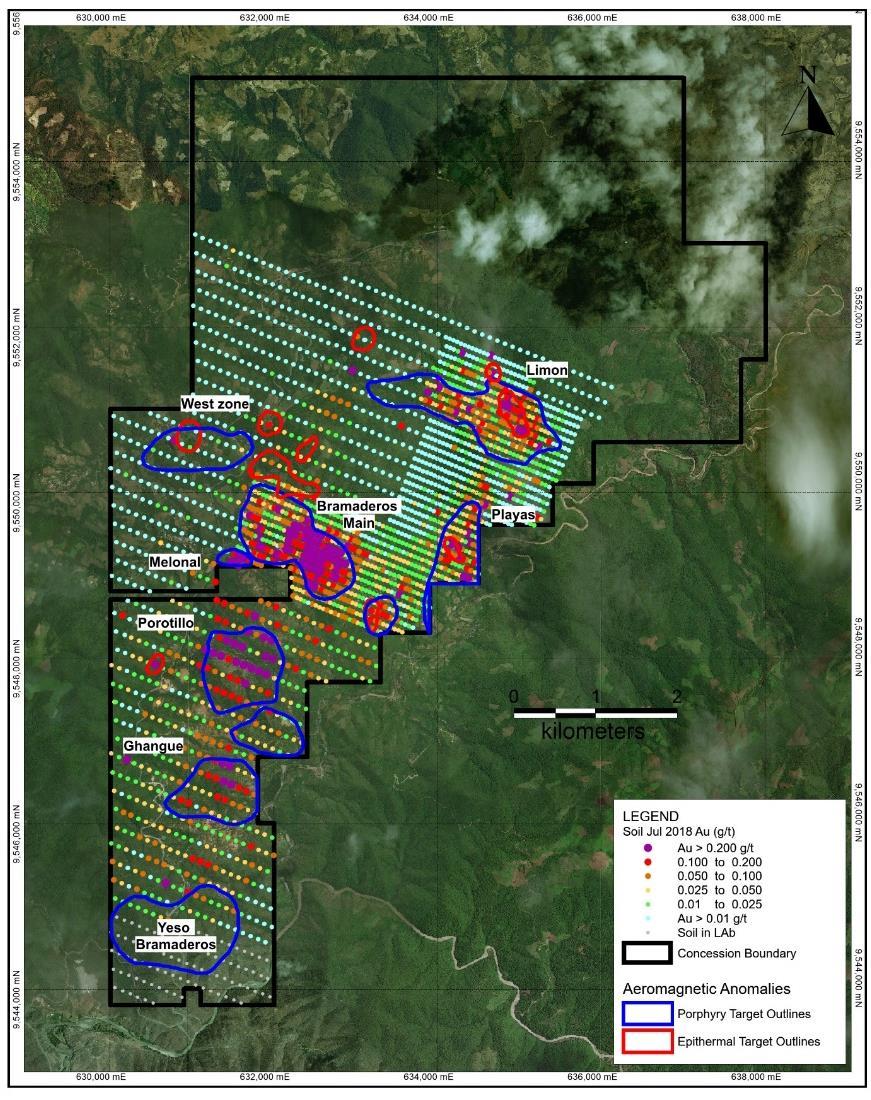 Bramaderos (Au-Cu) Multiple porphyry gold-copper and epithermal gold-silver targets West zone: Epithermal style mineralization Historical and recent trenching indicates strong results including 30m
