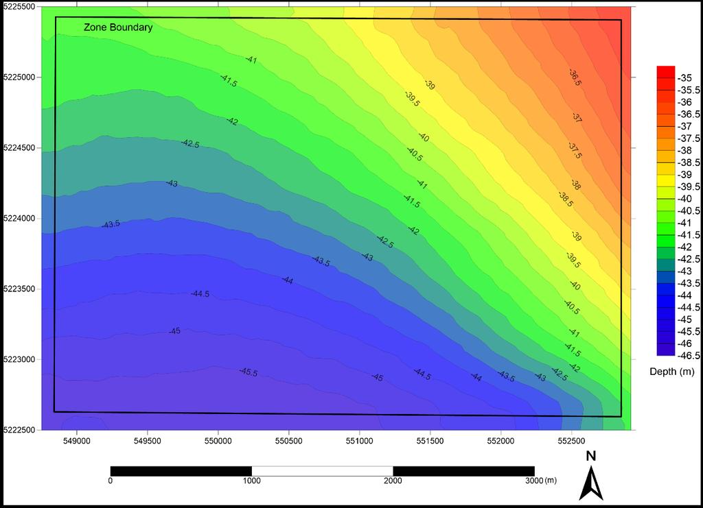 3 RESULTS 3.1 BATHYMETRIC MAPPING Results of bathymetric mapping at 0.5 m resolution are shown in Figure 3 and Figure 4. Depth across the assessment area ranged from 35 47 m.