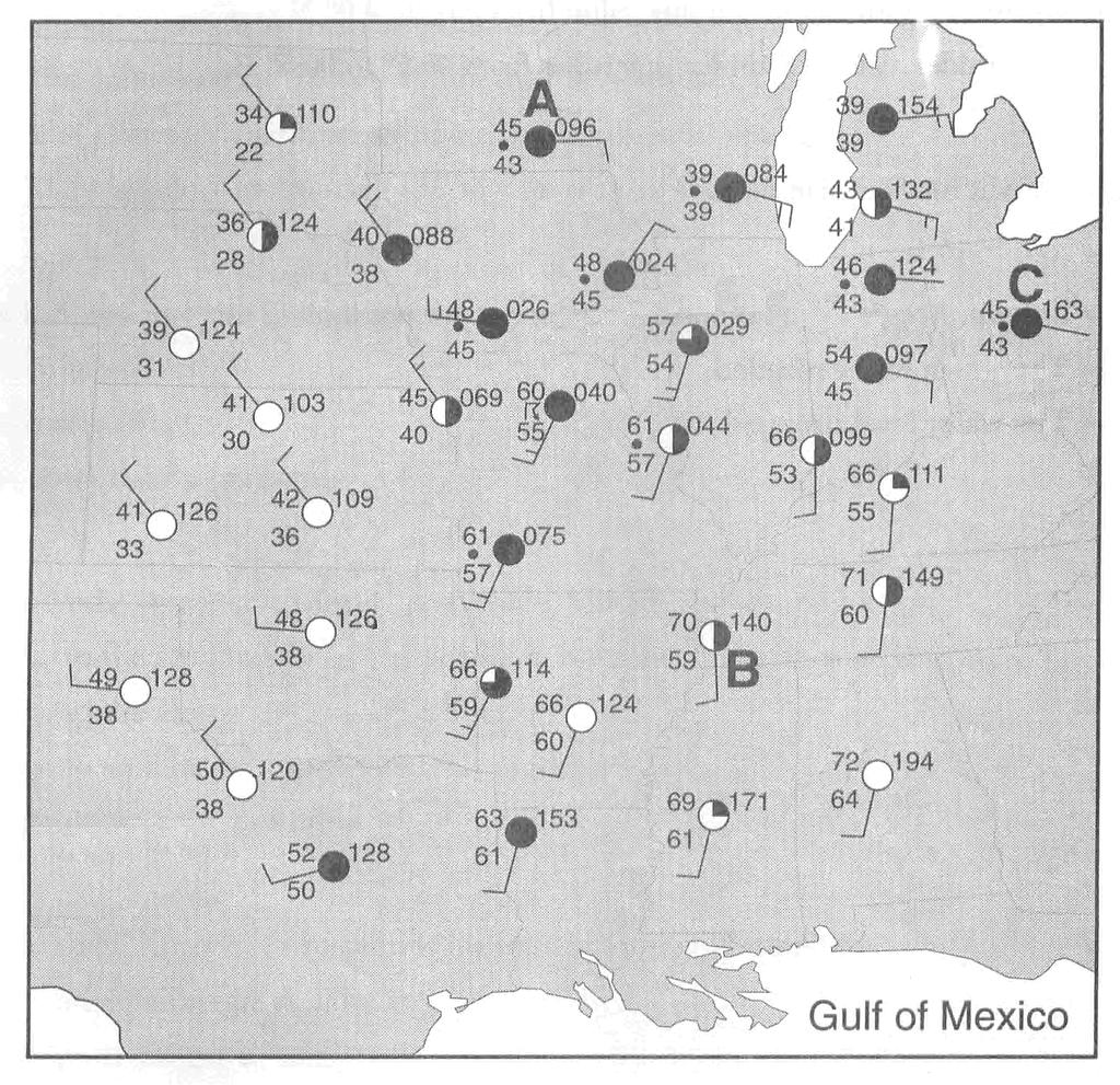 23. Base your answer to the following question on the map provided below, which shows weather station models and some weather variables for a portion of the United States.