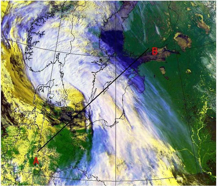Figure 5.3. Left: NOAA AVHRR satellite RGB composite image (channels 1, 2 and 4) at 06.22 UTC of 27.4.2003 and the position of the cross section.