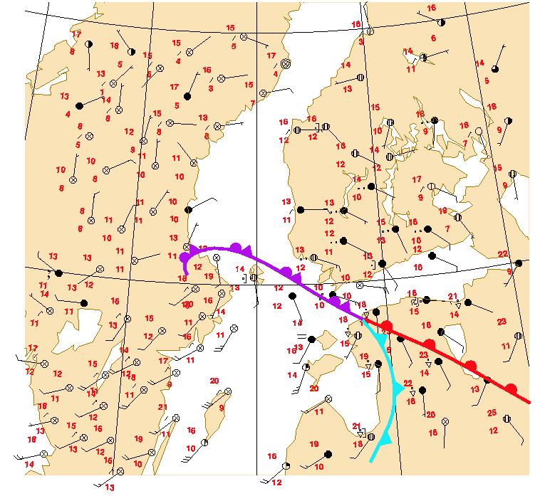 Figure 5.16. Synop observations at 12 UTC of 9.6.2003 and surface frontal analysis.