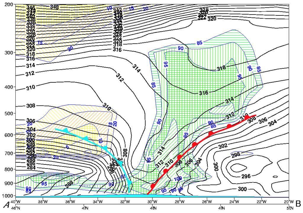 Figure 5.26. Vertical cross section (axis AB shown in figure 5.25) trough the warm sector of the cyclone at 00 UTC of 04.01.2003.