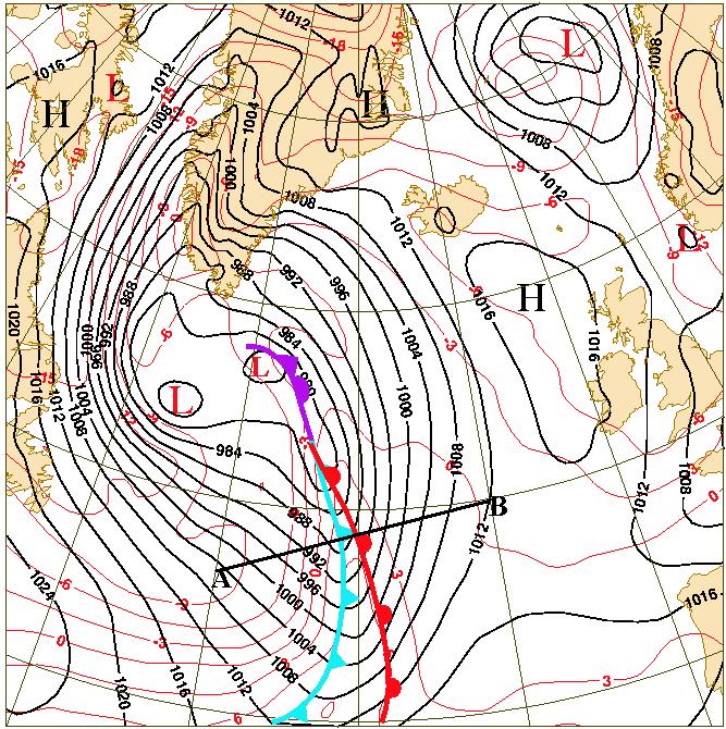solid lines). Figure 5.27. Frontal subjective analysis of the cyclone over north Atlantic at 00 UTC of 4.1.2003.