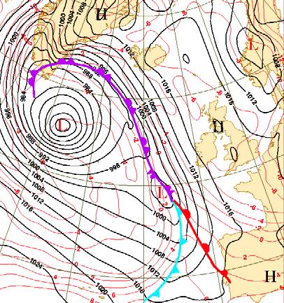 Left: MSLP every 4 hpa (black solid lines), 850 hpa temperature every 2 K (red thin lines) and