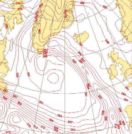 Right: 700 hpa equivalent potential temperature every 2 K (red thin lines).