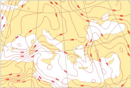 Left: 300 hpa isotaches (colored starting from 30 m/s at interval of 10 m/s), geopotential height (solid black lines) contoured every 8 dam and wind vector barbs in knots at 12 UTC of 23.01.2003.