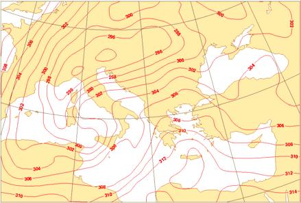 Lower left: 500 hpa equivalent potential temperature contoured every 2 K.