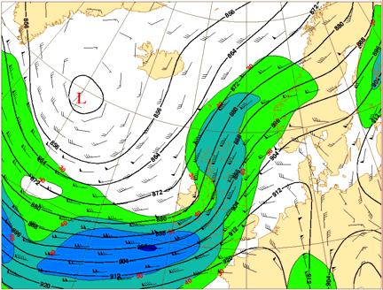 Subjective frontal analysis is superimposed. The shape of the jet stream at 300 hpa (fig. 5.
