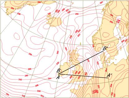 every 2 x 10-4 K s -1 Figure 5.52. Left: 700 hpa Ө e -field contoured every 2 K and cross vertical section axes at 18 UTC of 29.11.2003.