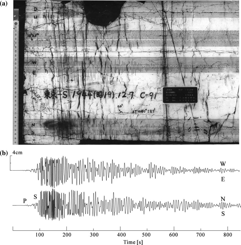 10 T. Furumura et al. Pure appl. geophys., Figure 6 (a) Example of a smoked-paper seismogram from a CMO-type strong-motion instrument installed at Yokohama during the 1944 Tonankai Earthquake.