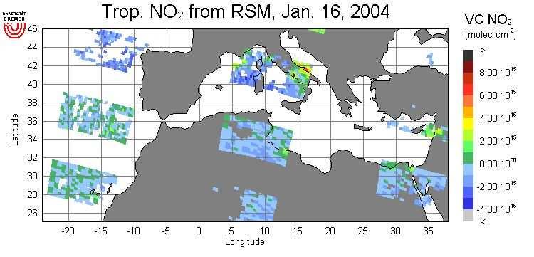 to large zonal gradients. Such a situation is shown in Figure 5, which shows tropospheric VCD from RSM analysis of SCIAMACHY data over the Mediterranean on January 16 th, 2004.