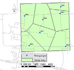 Figure 3. Thiessen polygons of the study site Table 1 Area of land influenced by each rain gauge and associated land use Rain gauge (RG) Acres Land use(s) RG1 273.