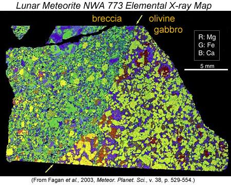 Right: Elemental X-ray map of a thin section of NWA 773, which has been paired with NWA 2977. In this map red = Mg; green = Fe; and blue = Ca.