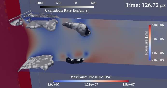 comparison to the experimental results in Figure 2, less cavitation is predicted.