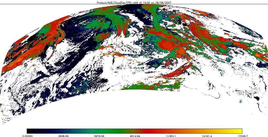 (a) Figure 1: Derived cloud products for the North Atlantic/European area from the slot ending 1430 UTC on 8th August 2007. (a) Cloud-top height (metres). Effective cloud amount.