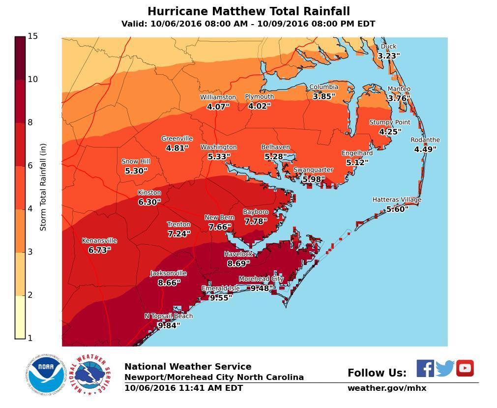 Hurricane Matthew Details Heavy Rains/Flash Flooding/River Flooding Impacts At this time we are forecasting 4 to 10 inches of rainfall with locally higher amounts possible across Eastern NC, highest