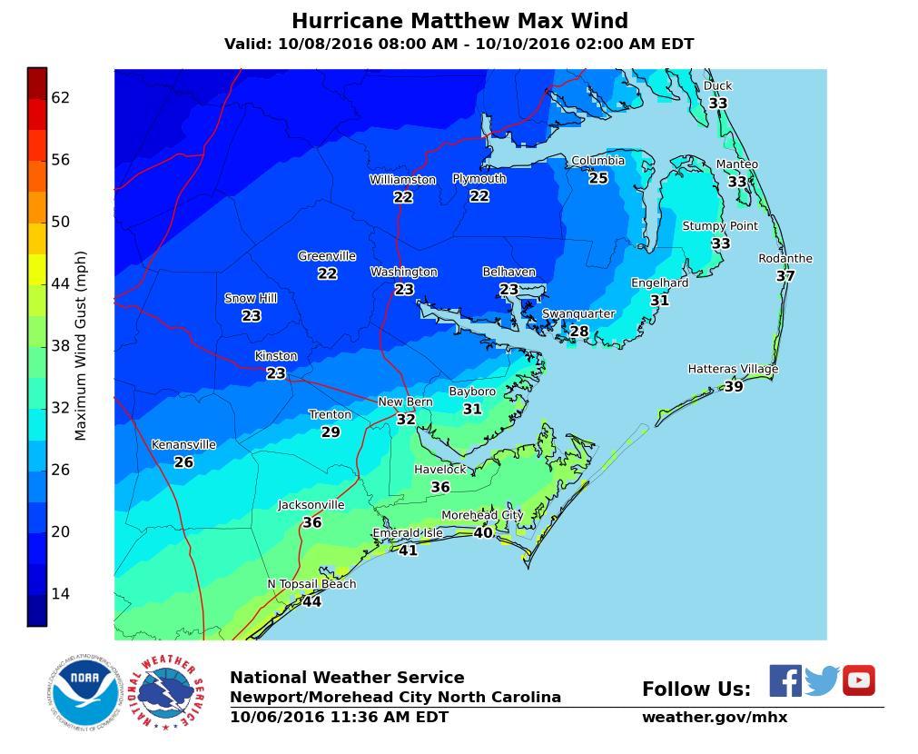 Winds of 35 to 45 mph with gusts 50 to 55 mph are possible across portions of Onslow and Carteret Counties.