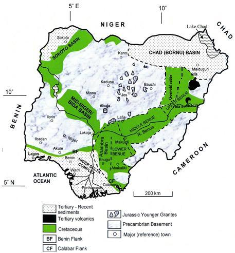 Fig. 1 Geological map of Nigeria showing the northern Anambra Basin (Modified after Obaje, 29). It was found that the study area consists of two major rock types namely shale and sandstone.