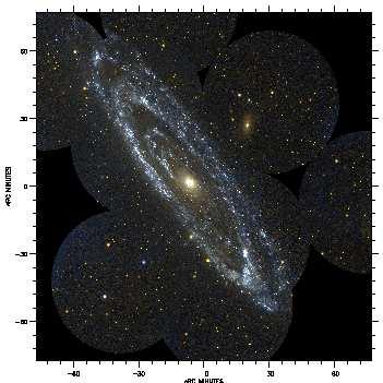 FIGURE 2. GALEX Montage of M31. As large as the field of view of GALEX is, it still requires many pointings (in this case 9 images) to cover the main body of the galaxy and part of its halo.