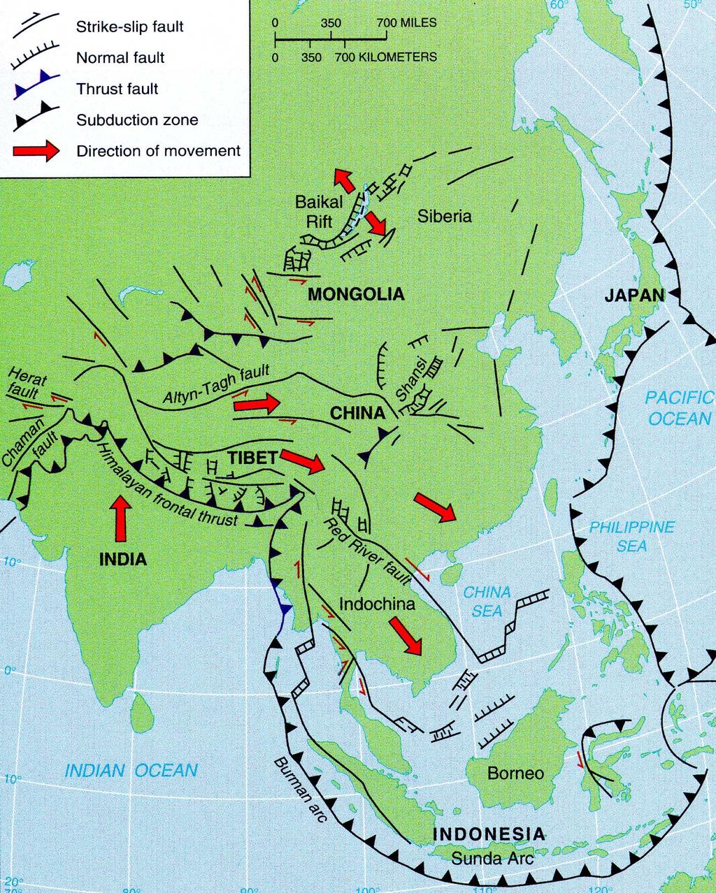 COMPLEX PLATE BOUNDARY ZONE IN ASIA!! Northward motion of India deforms all of the region!