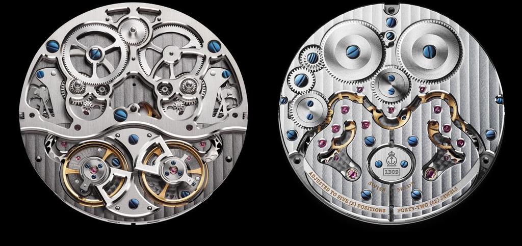 A masterpiece of perfect symmetry, the features two separate time displays, each driven by its own barrel and gear train with its own escapement and balance, now entirely visible thanks to its