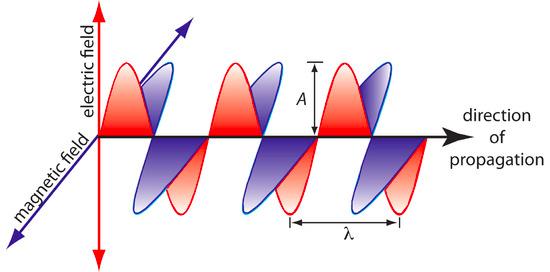 Figure 10.2 Plane-polarized electromagnetic radiation showing the oscillating electric field in red and the oscillating magnetic field in blue.