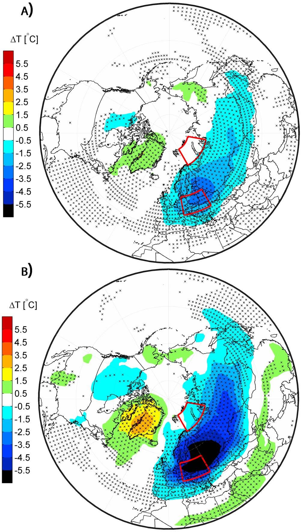 Figure 1. Multi-model ensemble mean of composites of SAT anomalies for European (a) cold and (b) very cold Januaries in the historical period of 1956 25.