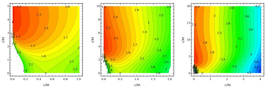 12 FIG. 8: Contour plots showing the behaviour of R(r, t) on the numerical grid for the first 20M of a simulation.