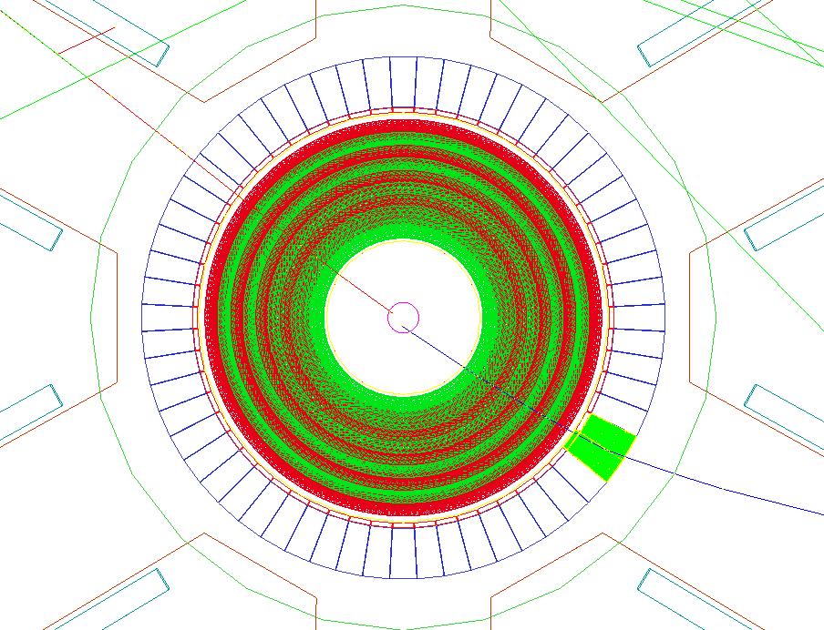 3.3. Design of the ALERT Detector 4 Figure 3.7: Geant4 simulation of a proton passing through the recoil drift chamber and scintillator hodoscope.