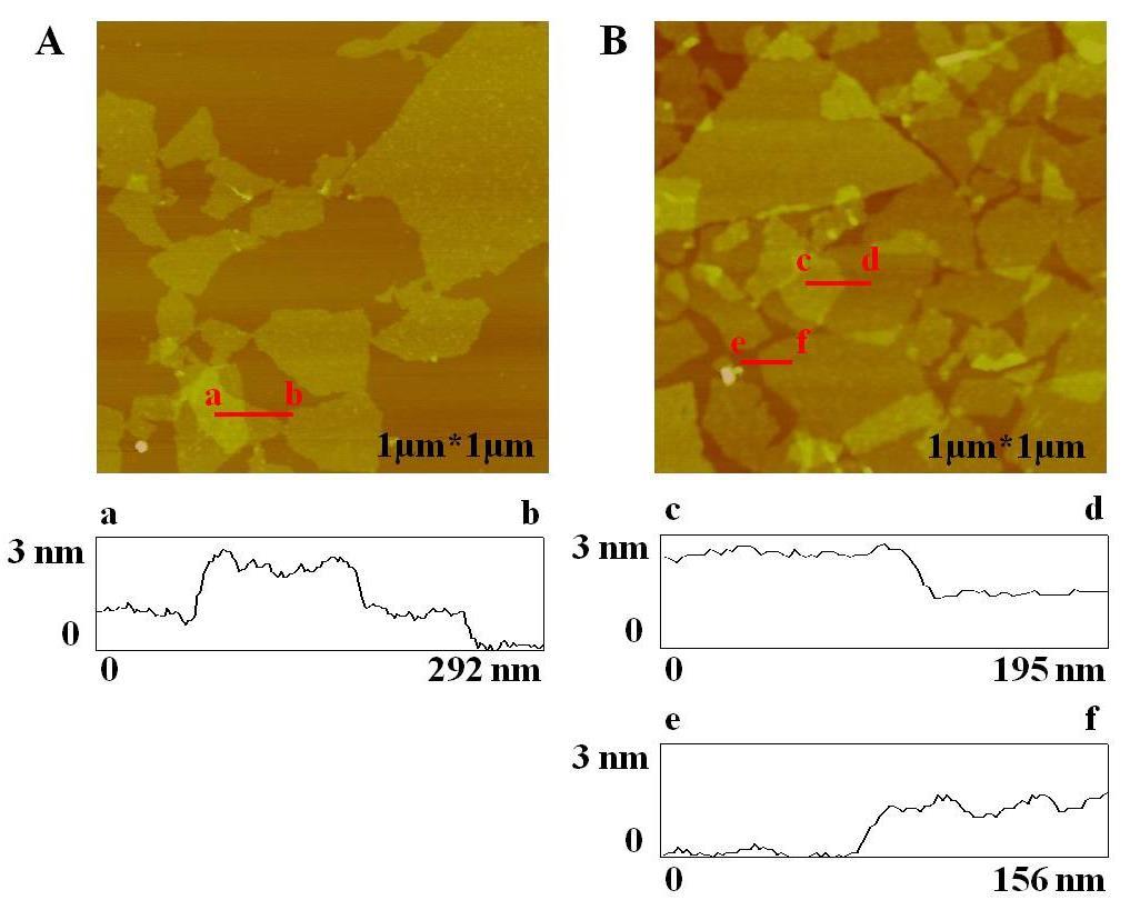 Figure S4 AFM images and height profile of (A) PEO@CCG (Mw of PEO: 8k) composite and (B) PVA@CCG (Mw