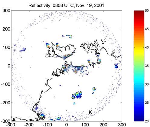 Figure 13. This map shows the radar reflectivity at 0808 UT on 19 November 2001. The color scale is in decibels with red indicating the most intense reflection and indicative of intense rainfall.