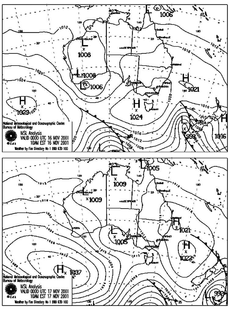 Figure 9. Operational surface analysis of pressure prepared by BMRC at 0000 UT on (top) 16 November and (bottom) 17 November 2001.